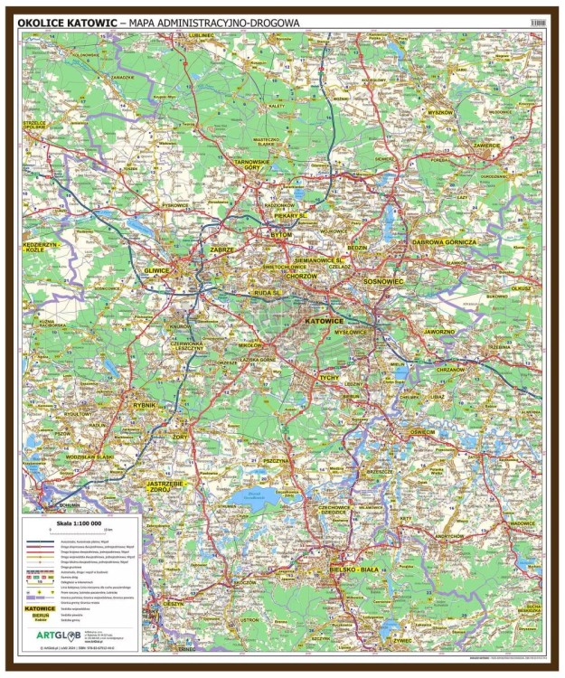 Okolice Katowic 1:100 000. Mapa administracyjno-drogowa w ramie drewnianej