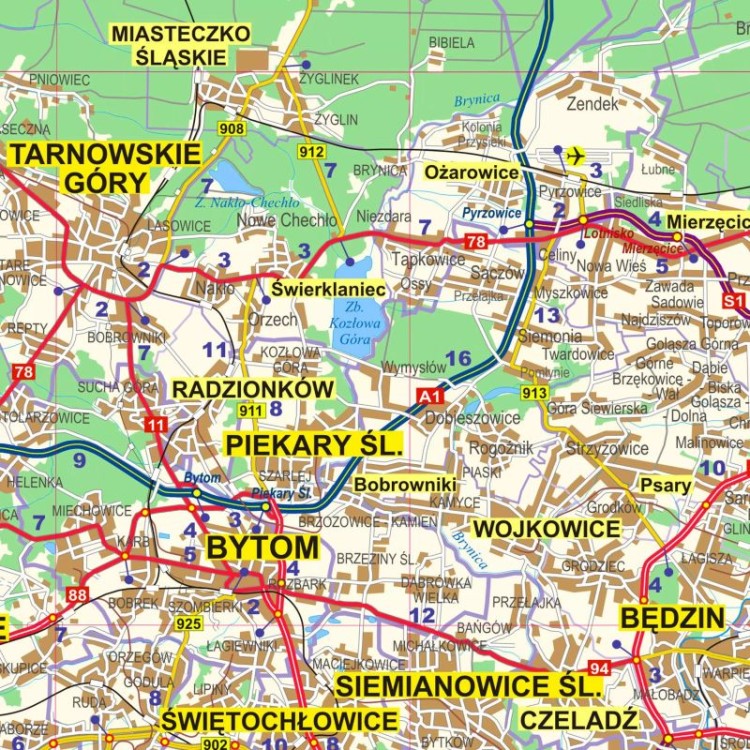Okolice Katowic 1:100 000. Arkusz, mapa ścienna administracyjno-drogowa. Fragment 1