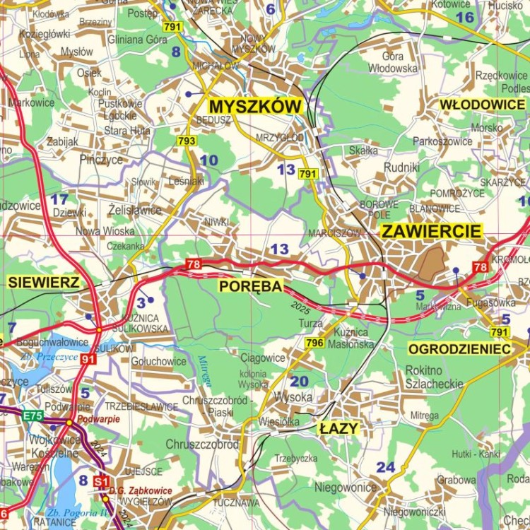 Okolice Katowic 1:100 000. Arkusz, mapa ścienna administracyjno-drogowa. Fragment 2