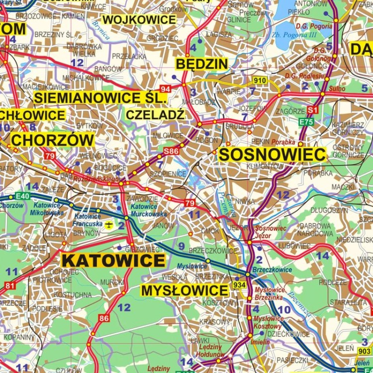 Okolice Katowic 1:100 000. Arkusz, mapa ścienna administracyjno-drogowa. Fragment 3