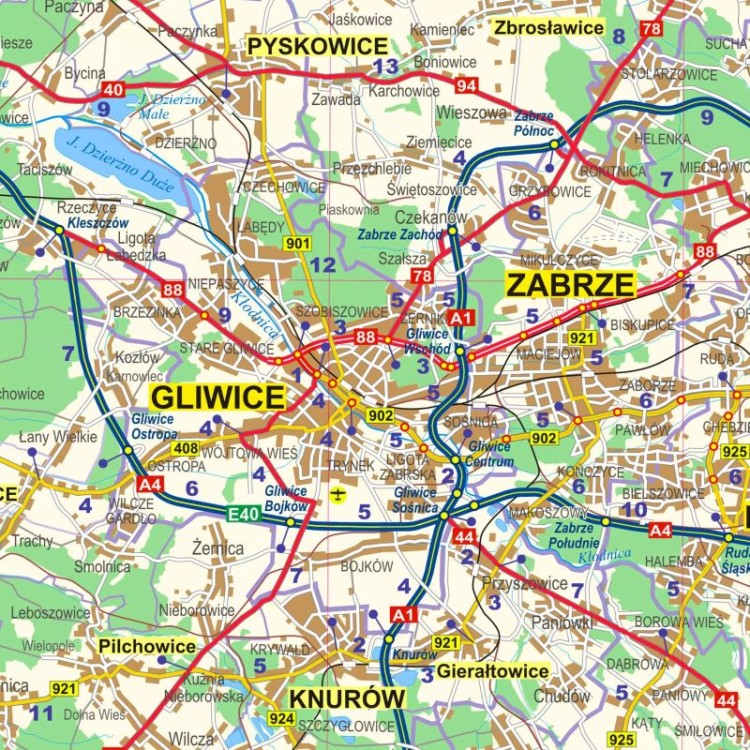Okolice Katowic 1:100 000. Arkusz, mapa ścienna administracyjno-drogowa. Fragment 4