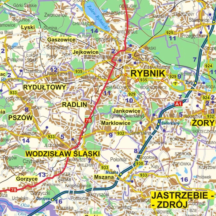 Okolice Katowic 1:100 000. Arkusz, mapa ścienna administracyjno-drogowa. Fragment 5