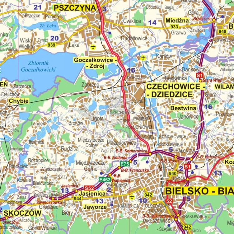 Okolice Katowic 1:100 000. Arkusz, mapa ścienna administracyjno-drogowa. Fragment 6