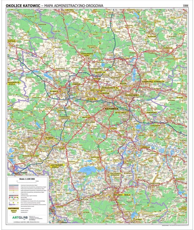 Okolice Katowic 1:100 000. Arkusz, mapa ścienna administracyjno-drogowa