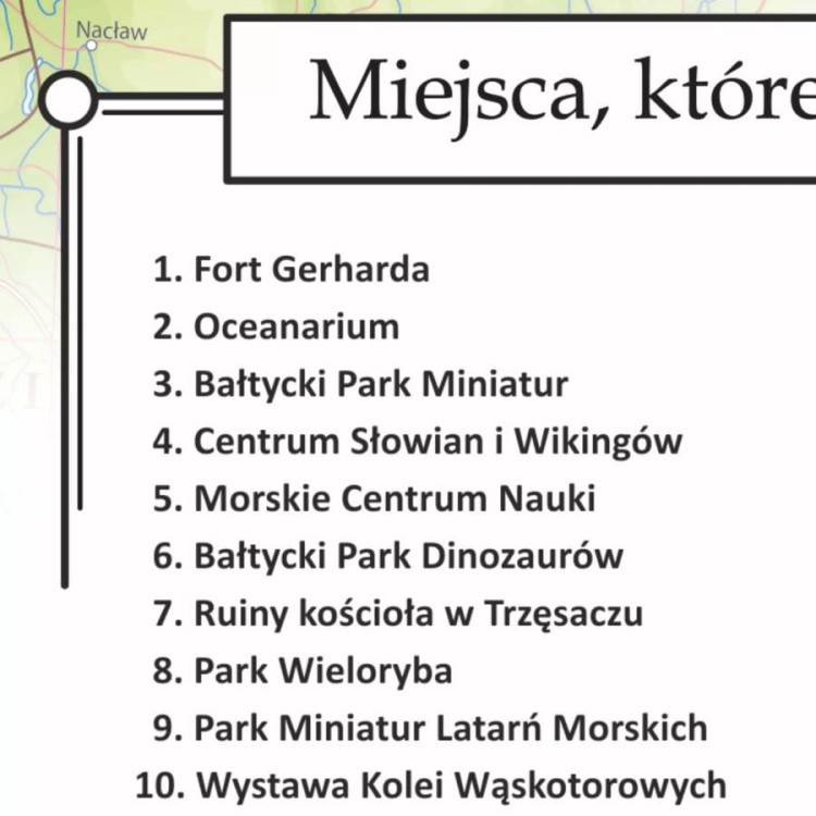 Wybrzeże Bałtyku 1:400 000. Mapa ścienna turystyczna. Lista atrakcji - fragment
