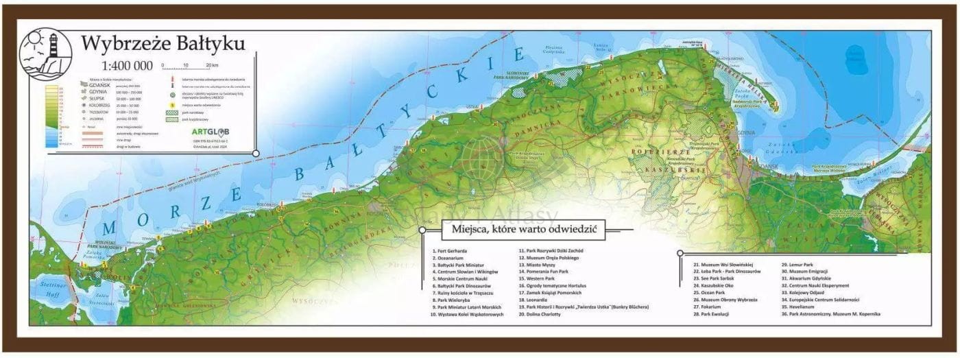 Wybrzeże Bałtyku 1:400 000. Mapa turystyczna w ramie drewnianej