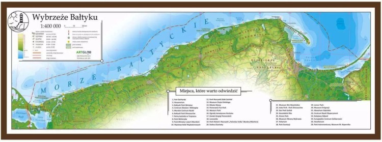 Wybrzeże Bałtyku 1:400 000. Mapa turystyczna w ramie drewnianej