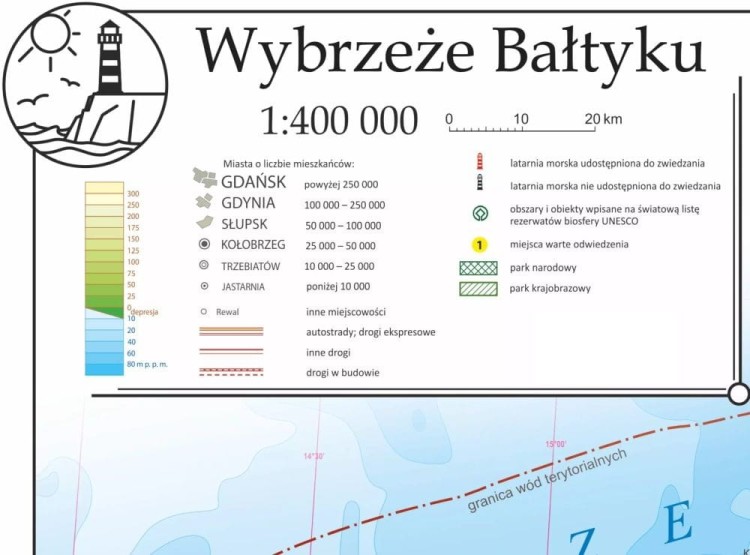 Wybrzeże Bałtyku 1:400 000. Arkusz, mapa ścienna turystyczna. Legenda