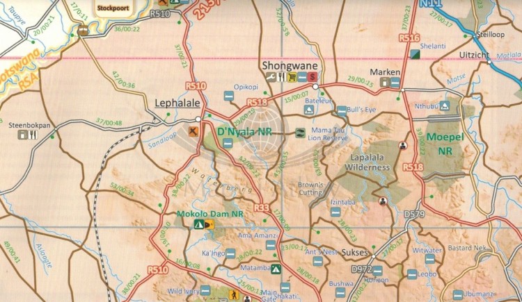 Botswana 1:1 000 000. Wodoodporna mapa samochodowo-turystyczna wydawnictwa Traveller's Map. Fragment 2