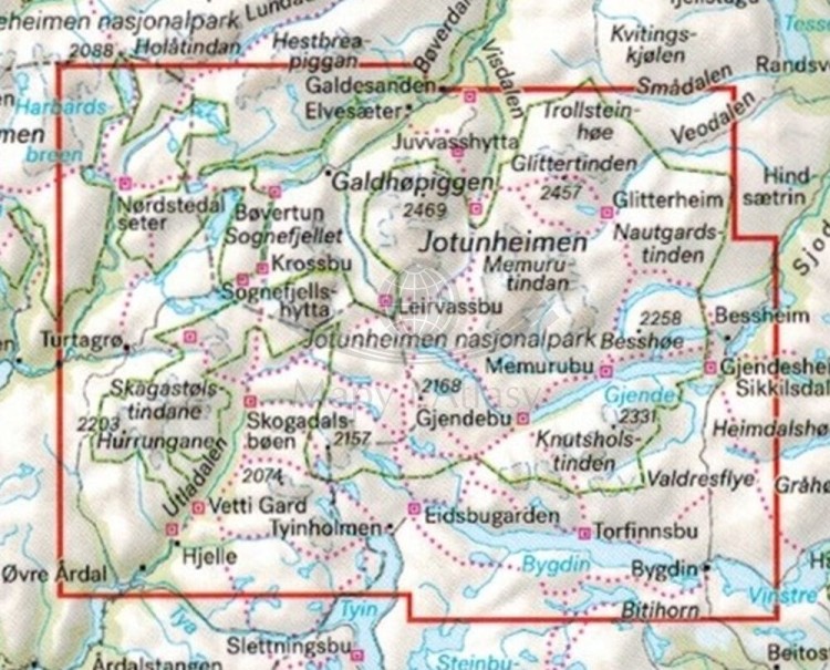 Jotunheimen 1:50 000. Wodoodporna mapa turystyczna wydawnictwa Calazo. Zasięg