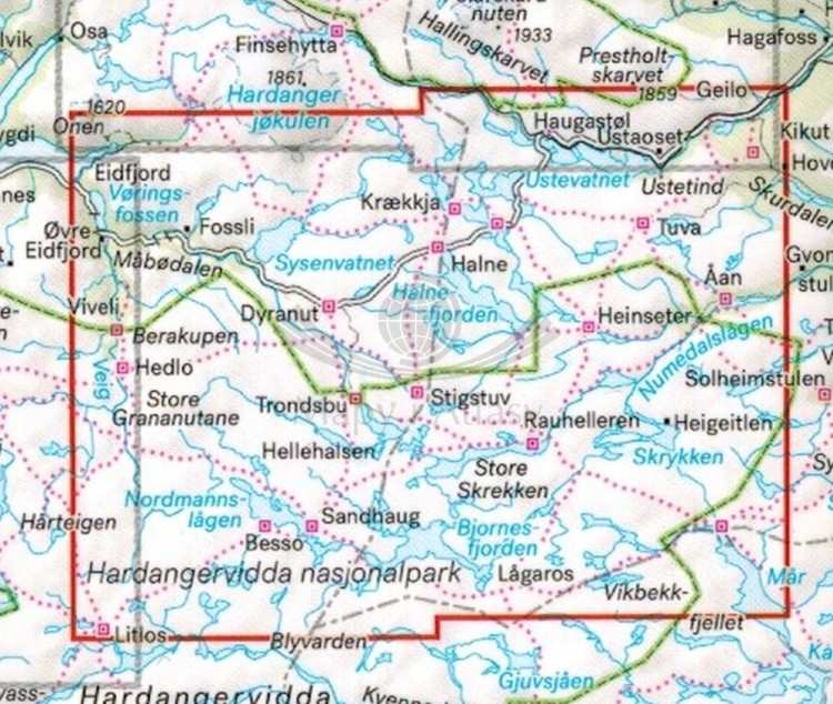 Hardangervidda, część północna 1:50 000. Wodoodporna mapa turystyczna wydawnictwa Calazo. Zasięg