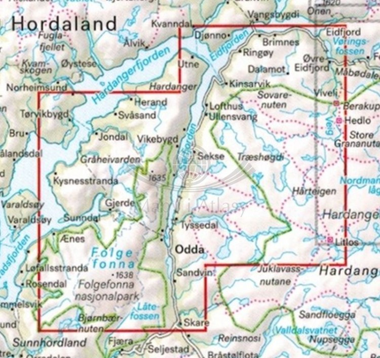 Hardangervidda, część zachodnia 1:50 000. Wodoodporna mapa turystyczna wydawnictwa Calazo. Zasięg