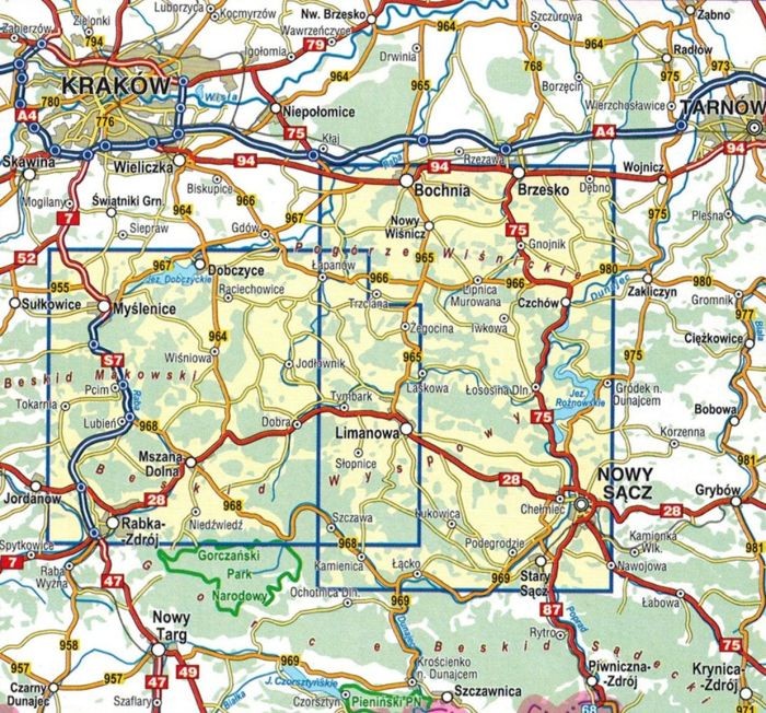 Beskid Wyspowy i Pogórze Wiśnickie 1:50 000. Laminowana mapa turystyczna wydawnictwa Compass. Zasięg
