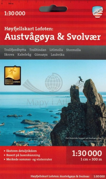 Lofoty: Austvagoya i Svolvaer 1:30 000. Wodoodporna mapa turystyczna wydawnictwa Calazo. Okładka