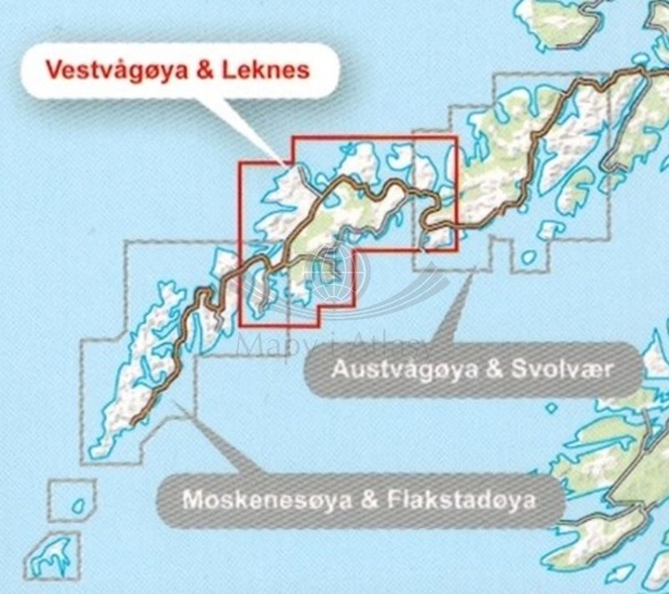 Lofoty: Vestvagoya i Leknes 1:30 000. Wodoodporna mapa turystyczna wydawnictwa Calazo. Zasięg