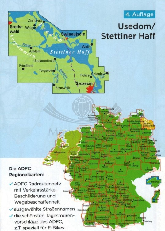Uznam / Usedom 1:75 000. Wodoodporna mapa rowerowa wydawnictwa ADFC. Okładka - tył