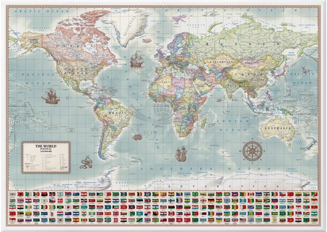 Świat 1:30 000 000. Mapa ścienna polityczna, stylizowana. Język angielski. Na płótnie Canvas