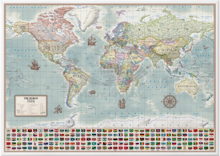 Świat 1:30 000 000. Mapa ścienna polityczna, stylizowana. Język angielski. Na płótnie Canvas