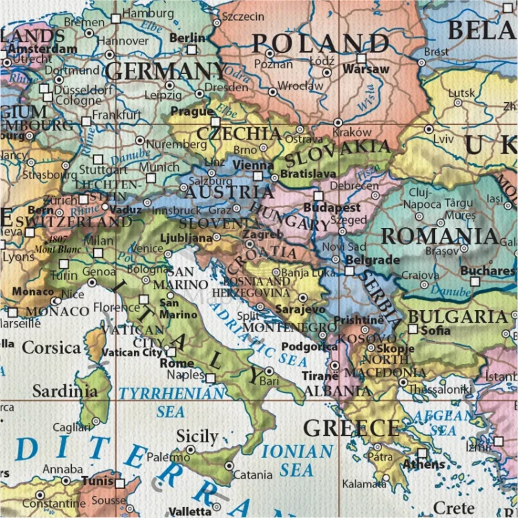 Świat 1:30 000 000. Mapa ścienna polityczna, stylizowana. Język angielski. Na płótnie Canvas. Fragment 1