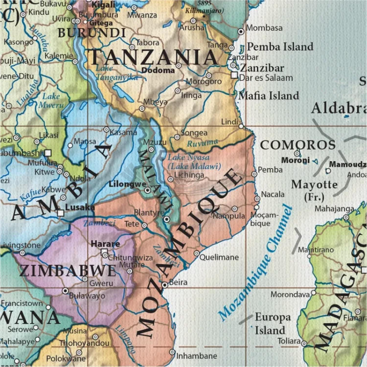 Świat 1:30 000 000. Mapa ścienna polityczna, stylizowana. Język angielski. Na płótnie Canvas. Fragment 3