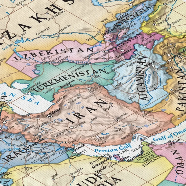 Świat 1:30 000 000. Mapa ścienna polityczna, stylizowana. Język angielski. Na płótnie Canvas. Fragment 5