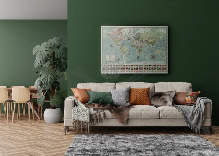 Świat 1:30 000 000. Mapa ścienna polityczna, stylizowana. Język angielski. Na płótnie Canvas. Przykład aranżacji