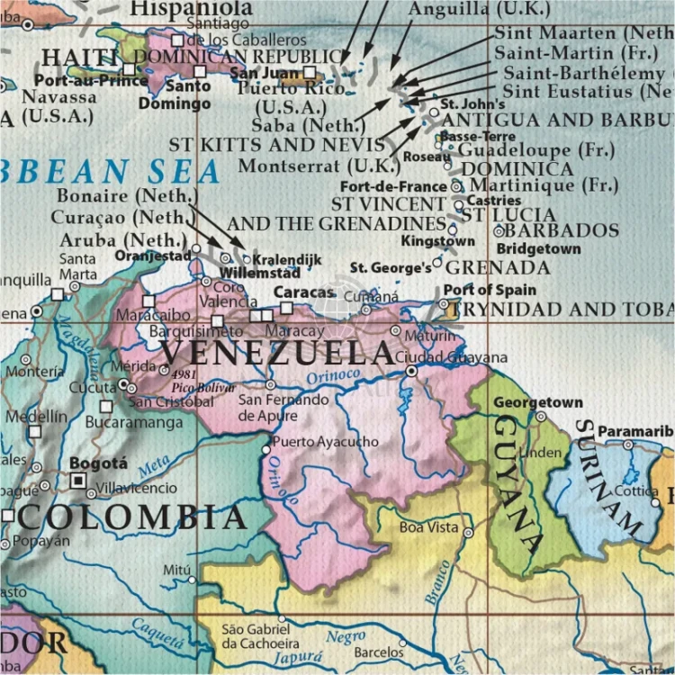 Świat 1:30 000 000. Mapa ścienna polityczna, stylizowana. Język angielski. Na płótnie Canvas. Fragment 2