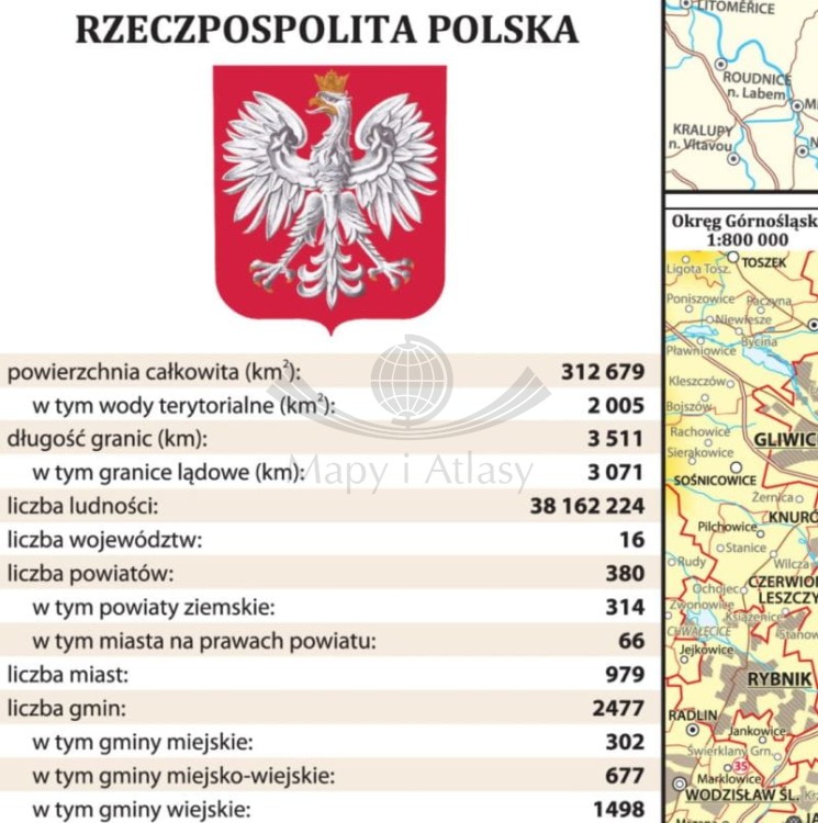 Polska. Mapa fizyczna i administracyjna. Podkładka na biurko. Fragment 2