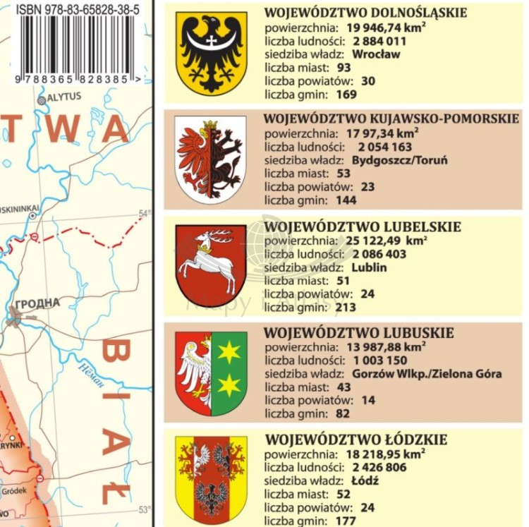 Polska. Mapa fizyczna i administracyjna. Podkładka na biurko. Fragment 3