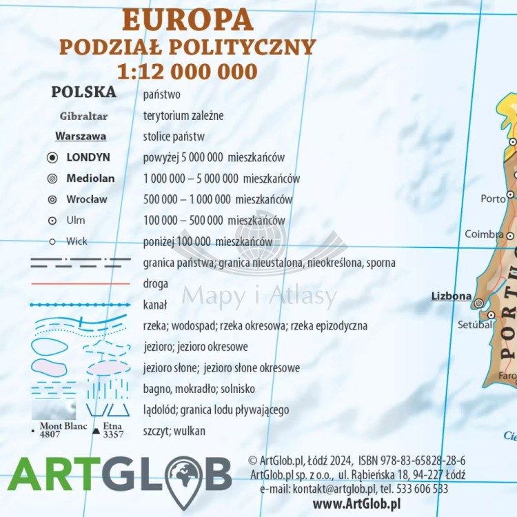 Europa. Mapa fizyczna i polityczna. Podkładka na biurko. Legenda 2