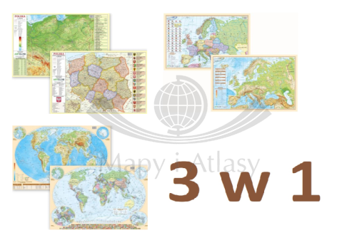 Polska, Europa, świat. Zestaw: 3 x dwustronna podkładka na biurko. Mapa polityczna / fizyczna. ArtGlob