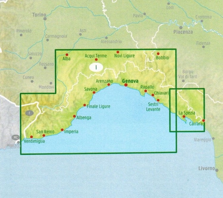Liguria, Riwiera Włoska, Genua, Cinque Terre. Mapa samochodowo-turystyczna wydawnictwa Freytag & Berndt. Zasięg