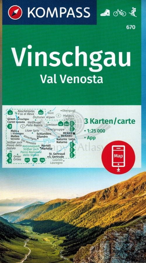 Vinschgau, Val Venosta. Zestaw trzech map turystycznych 670. Wyd. 2025. Kompass