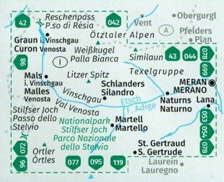 Vinschgau Val Venosta. Zestaw trzech map turystycznych wydawnictwa Kompass. Zasięg zestawu