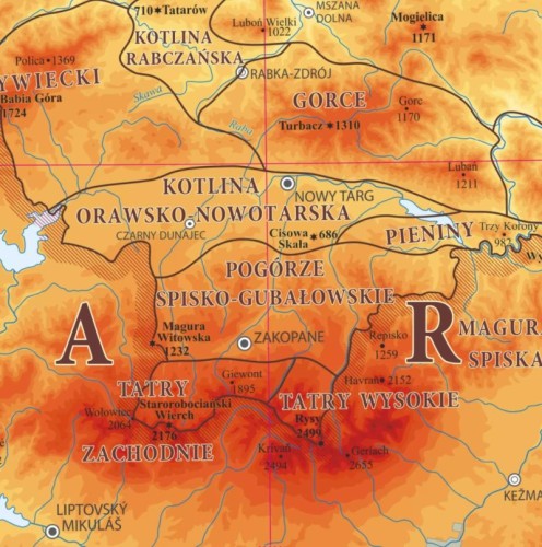 Polskie góry 1:800 000. Sudety, Beskidy, Tatry. Naklejka, mapa ścienna wydawnictwa ArtGlob. Fragment 1