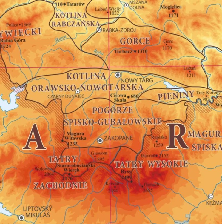 Polskie góry 1:800 000. Sudety, Beskidy, Tatry. Naklejka, mapa ścienna wydawnictwa ArtGlob. Fragment 1