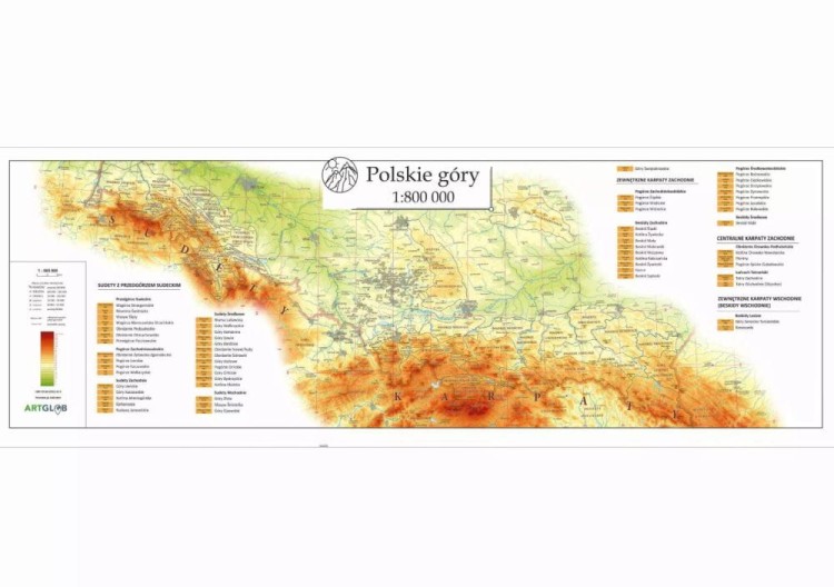Polskie góry 1:800 000. Sudety, Beskidy, Tatry. Naklejka, mapa ścienna wydawnictwa ArtGlob