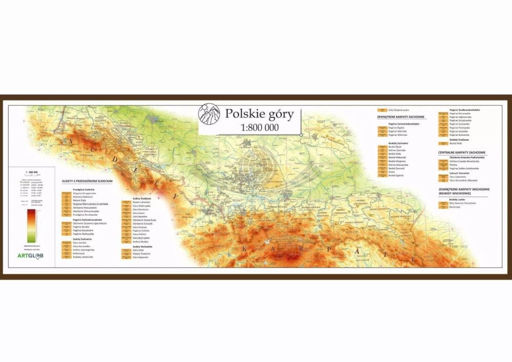 Polskie Góry 1:800 000. Sudety, Beskidy, Tatry. Mapa w ramie drewnianej