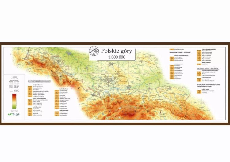 Polskie Góry 1:800 000. Sudety, Beskidy, Tatry. Mapa w ramie drewnianej wydawnictwa ArtGlob