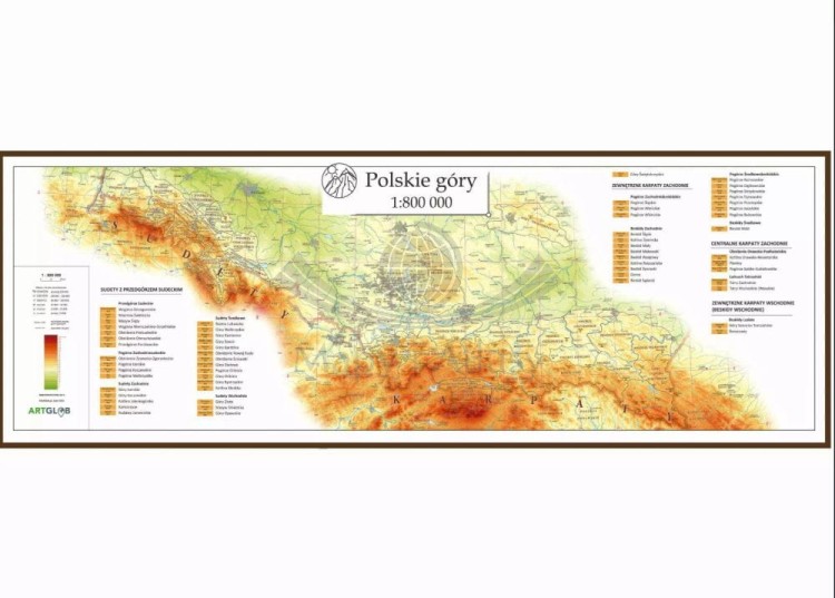 Polskie Góry 1:800 000. Sudety, Beskidy, Tatry. Mapa ścienna. Wersja magnetyczna wydawnictwa ArtGlob