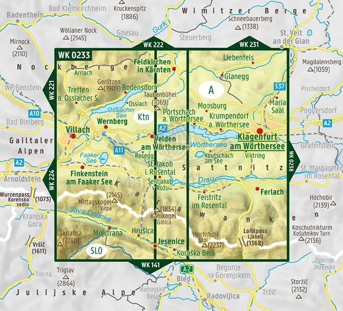 Worthersee, Klagenfurt, Karawanken. Wodoodporna mapa turystyczna WK 0233 wydawnictwa Freytag &amp; Berndt. Zasięg