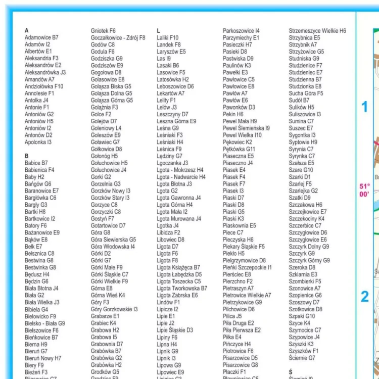 Województwo śląskie. Mapa ścienna administracyjno-drogowa. Indeks miejscowości - fragment