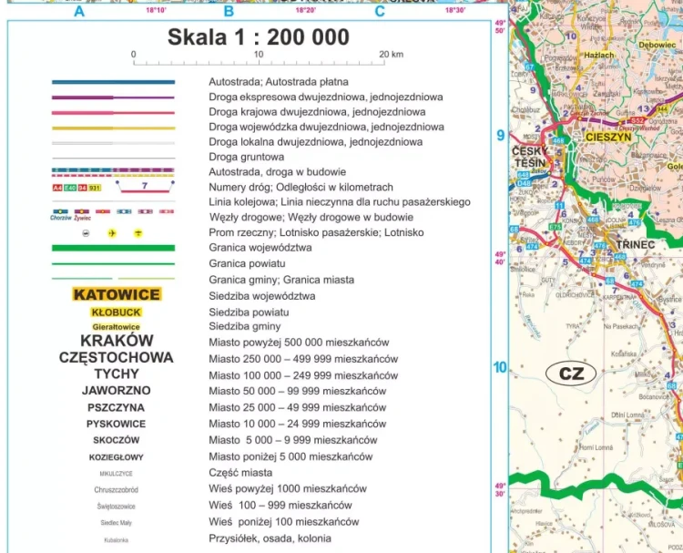 Województwo śląskie. Mapa ścienna administracyjno-drogowa. Legenda