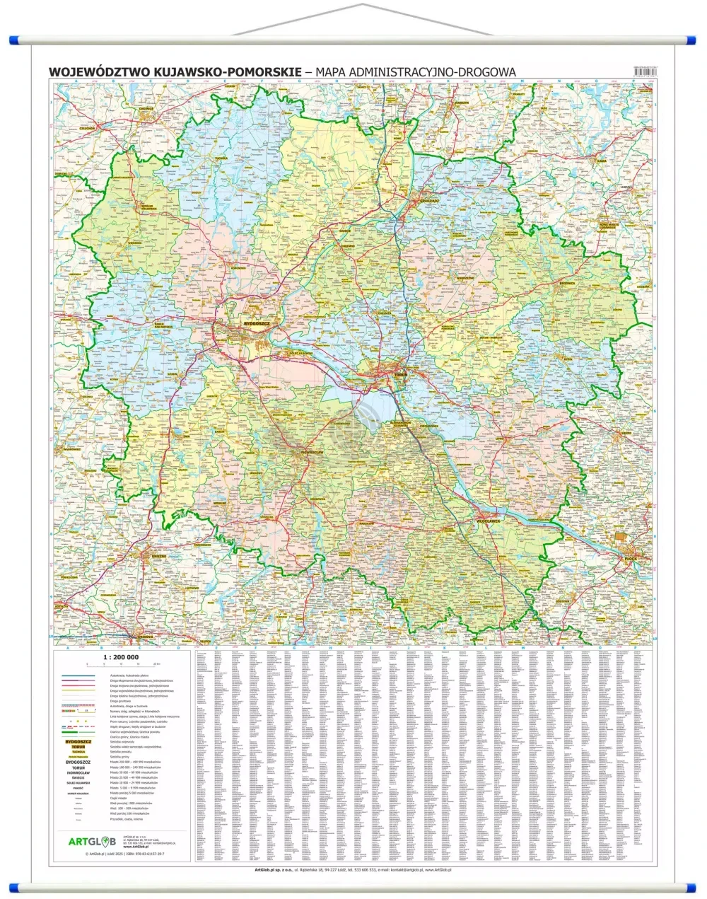 Województwo kujawsko-pomorskie. Mapa ścienna administracyjno-drogowa. Wyd. 2025