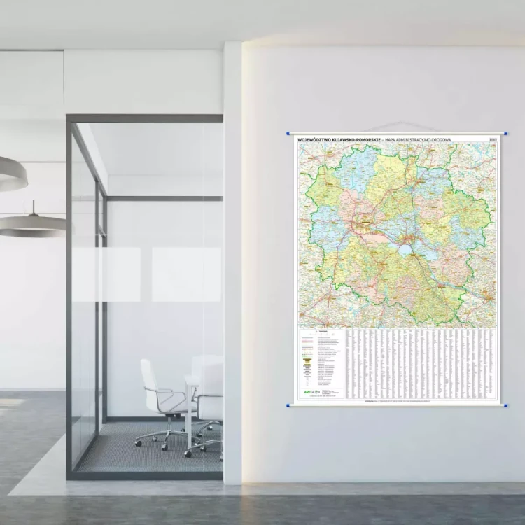 Województwo kujawsko-pomorskie. Mapa ścienna administracyjno-drogowa. Przykład aranżacji