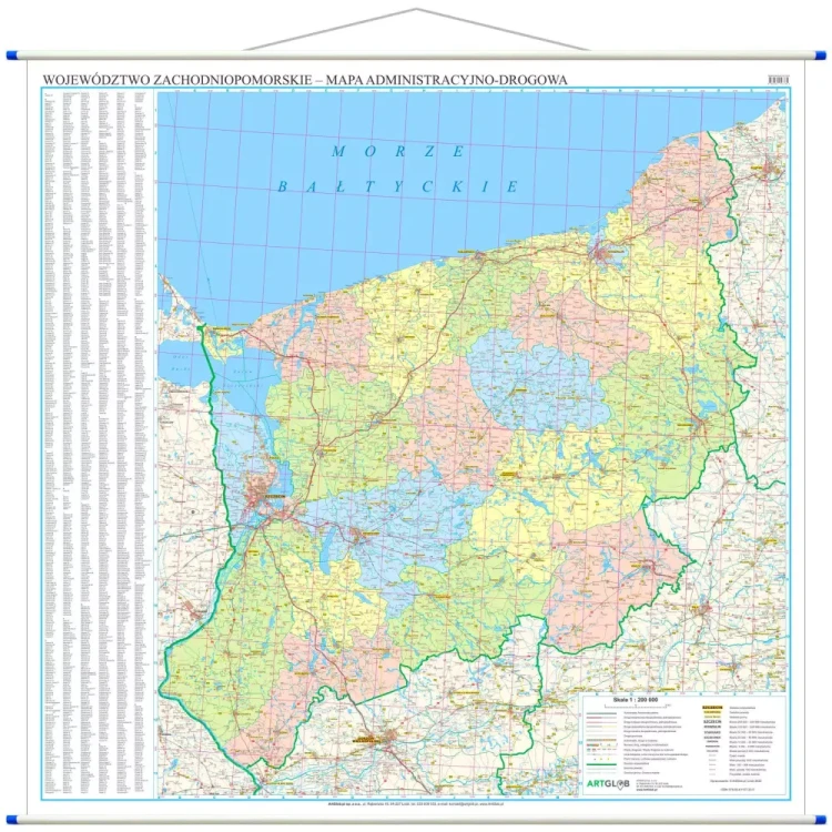 Województwo zachodniopomorskie. Mapa ścienna administracyjno-drogowa