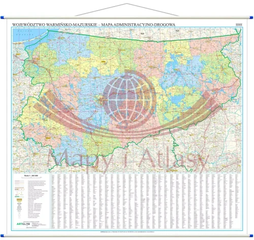 Województwo warmińsko-mazurskie. Mapa ścienna administracyjno-drogowa