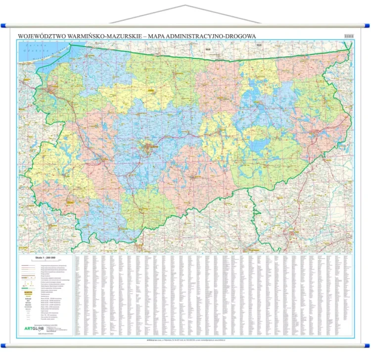 Województwo warmińsko-mazurskie. Mapa ścienna administracyjno-drogowa