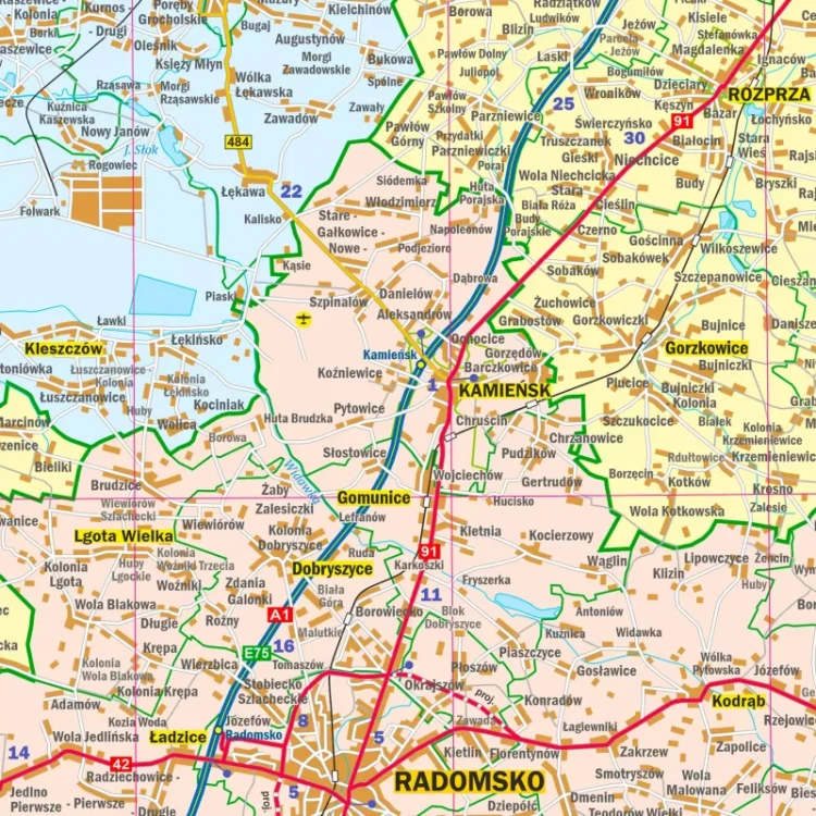 Województwo łódzkie. Mapa ścienna administracyjno-drogowa. Fragment 3