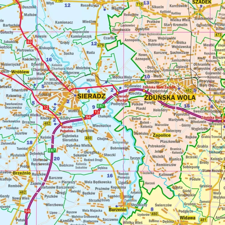 Województwo łódzkie. Mapa ścienna administracyjno-drogowa. Fragment 5